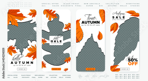 Autumn Sale Backgrounds. Orange Foliage Fall Flyer. Thanksgiving Leaf Wallpapers. Vector Set of Autumn Story Banner.