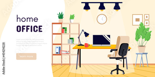 Home office or study room. Office work desk with laptop or computer. Flat modern vector banner design for remote education, teleworking or online job.