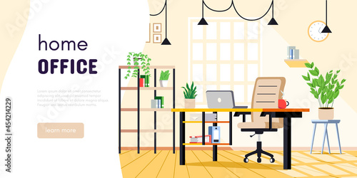 Home office or study room. Office work desk with laptop or computer. Flat modern vector banner design for remote education, teleworking or online job.