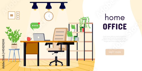 Home office or study room. Office work desk with laptop or computer. Flat modern vector banner design for remote education, teleworking or online job.