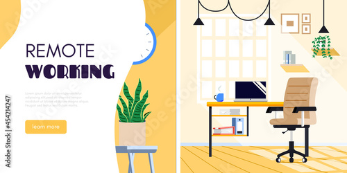 Home office or study room. Office work desk with laptop or computer. Flat modern vector banner design for remote education, teleworking or online job.