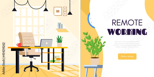 Home office or study room. Office work desk with laptop or computer. Flat modern vector banner design for remote education, teleworking or online job.