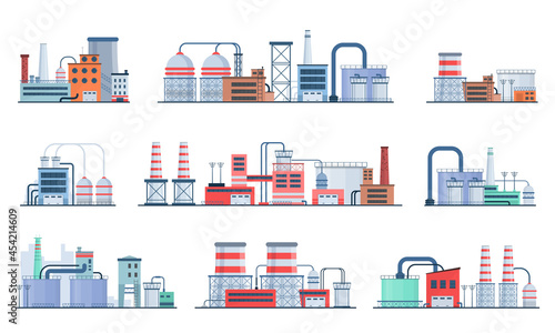 Set of factory industry buildings, flat icons.