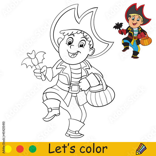Coloring with template Halloween boy in pirate costume