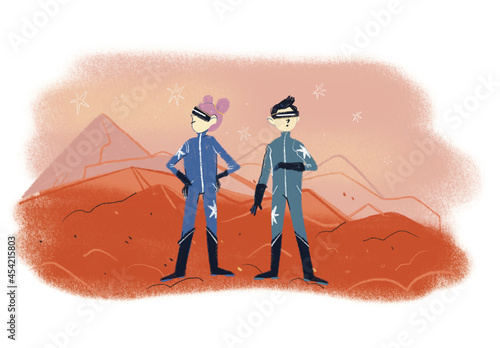 Space kids on virtual Mars expedition, girl and boy future illustration