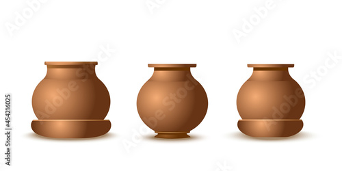 Realistic clay pots set isolated on white background. Earthenware or bronze dishes of various shapes. Ceramic plant pots. Vector illustration