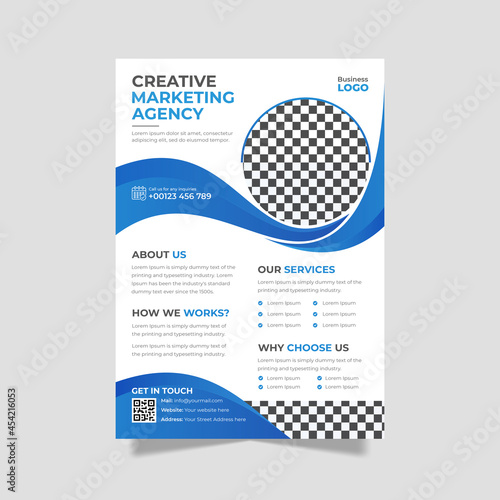 Creative marketing agency flyer design template in a4 size. Modern abstract blue and black business booklet design layout