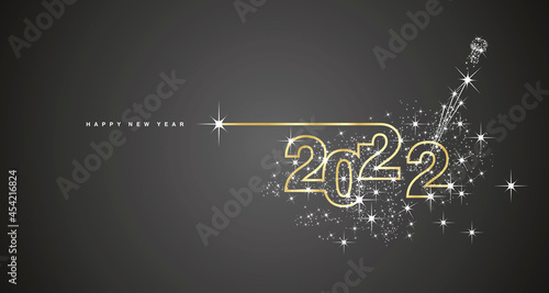 Canvas-taulu New Year 2022 line design sparkle firework open champagne gold white black vecto
