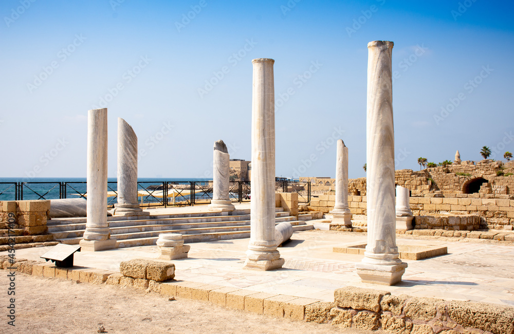 Ruins of ancient bathhouse at Caesarea National Park Israel August 2021