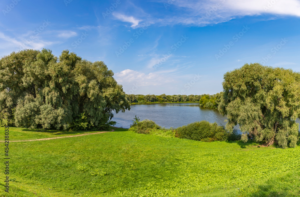 Naklejka premium River landscape with bright green trees on a sunny summer day