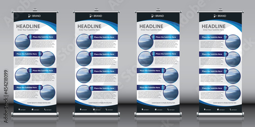 Roll up banner design collection with gradient blue infographic artwork and images. Editable vertical template vector set, modern standee and flag banner