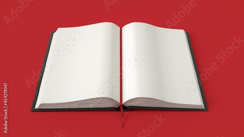 Blank open hardcover book on red background.  photo