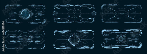 HUD, GUI, FUI Modern Aiming System with Device tilt level. Futuristic Head-up display design. Spaceship, drone, helmet, crosshair, aim. Techno target screen element. VR design for video games. Vector
