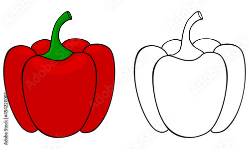 Cartoon bell pepper colorful and black and white. Coloring book page for children. Colored and outline vector paprika illustration isolated on white.