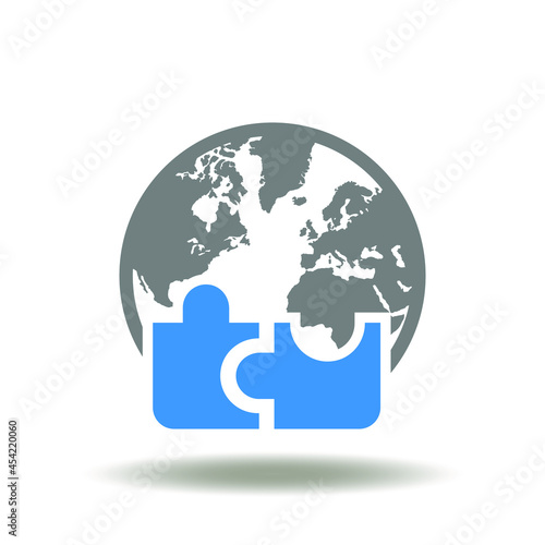 Earth planet with puzzle pieces vector illustration. Mergers and acquisitions business icon. M&A Merger and Acquisition Company Cooperation Symbol.