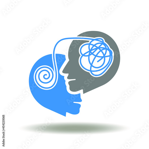 Two head with confusion doodle line vector illustration. Solution psychotherapy problem icon. Empathy symbol.