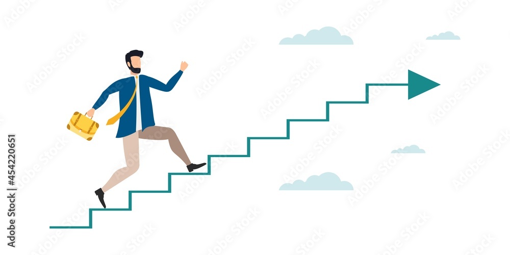 Successful man office worker character running upstairs to career stairs. Business strategy leader success business development start up concept. Vector flat cartoon graphic design illustration Successful man office worker character running upstairs to career stairs. Business strategy leader success business development start up concept. Vector flat cartoon graphic design illustration