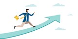 Job improvement, career path to growth, achievement and success in work or leadership to win business concept. Businessman in a suit with a briefcase running up the arrow to the sky. - Vector.