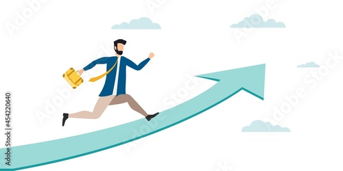 Job improvement, career path to growth, achievement and success in work or leadership to win business concept. Businessman in a suit with a briefcase running up the arrow to the sky. - Vector. © Vitechek