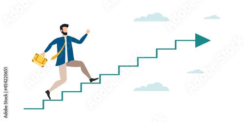 Successful man office worker character running upstairs to career stairs. Business strategy leader success business development start up concept. Vector flat cartoon graphic design illustration