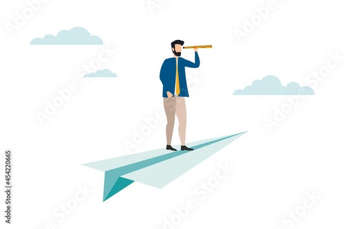 One Businessman standing holding binoculars on a paper plane flying up into the sky while flying above a arrow graph. business finance success. leadership. startup. creative idea. Vector