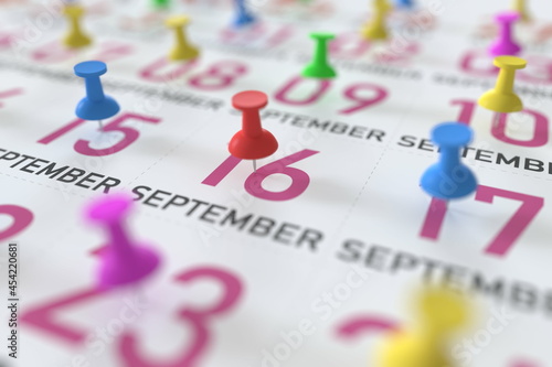 September 16 date and push pin on a calendar, 3D rendering