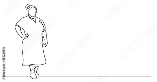 continuous line drawing of confident oversize woman in dress standing celebrating body positivity