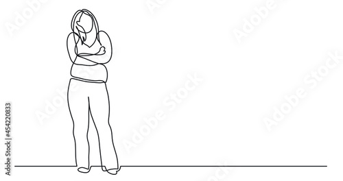 continuous line drawing of confident oversize woman in pants standing celebrating body positivity