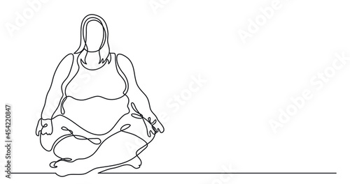 continuous line drawing of confident oversize woman sitting in lotus pose doing yoga celebrating body positivity