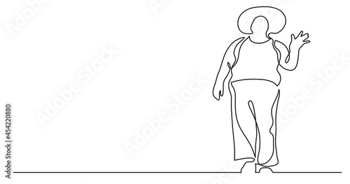 continuous line drawing of confident oversize woman standing waving cheering body positivity