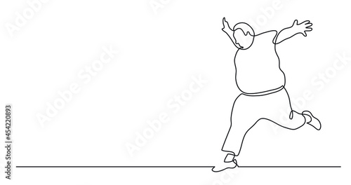 continuous line drawing of happy oversize man running cheering with body positivity