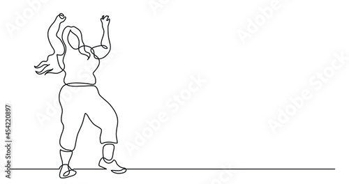 continuous line drawing of happy oversize woman standing hands up cheering body positivity