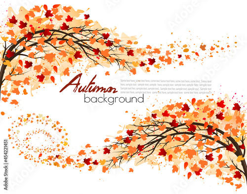 Hello a gold autumn. Autumn landscape with autumn colorful leaves on the  tree and bike in a park on a background. Vector illustration