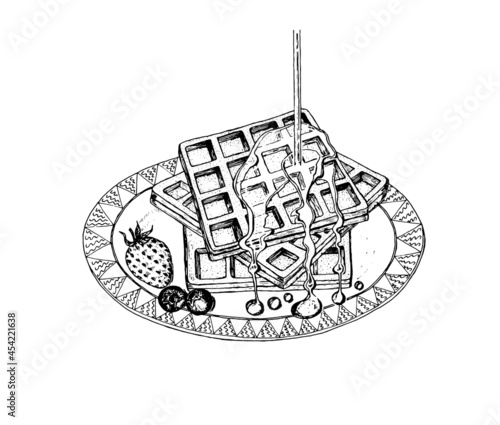 Waffles with maple syrup and strawberries. Vintage hand drawn drawing style. 