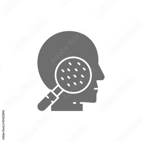 Face under magnifying glass, skin allergy, rashes, dermatitis grey icon.