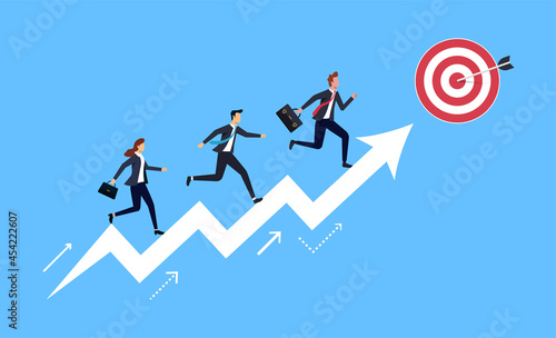 Group of people running on arrow symbol to the target. Business concept for success.