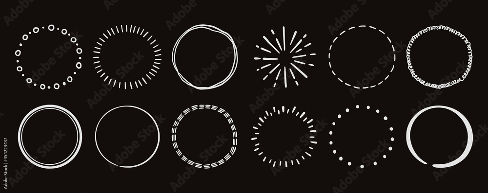 Hand drawn chalkboard circle line badge set. Rustic, chalk grunge style circle badge for frame, label, burst border. Vector illustration. Drawn brush scribble line. Hand drawn chalkboard circle line badge set. Rustic, chalk grunge style circle badge for frame, label, burst border. Vector illustration. Drawn brush scribble line.