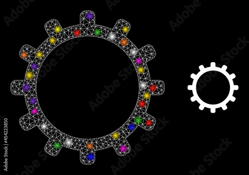 Glossy mesh cog constellation icon with lightspots. Illuminated vector model based on cog icon. Sparkle frame mesh cog on a black background. Linear carcass 2D mesh in vector format.