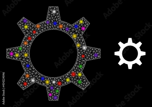 Glossy network cogwheel constellation icon with lightspots. Illuminated vector constellation based on cogwheel icon. Sparkle carcass mesh cogwheel on a black background.