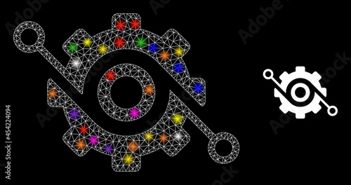 Glossy network smart gear constellation icon with lightspots. Illuminated vector model based on smart gear icon. Sparkle carcass mesh smart gear on a black background.