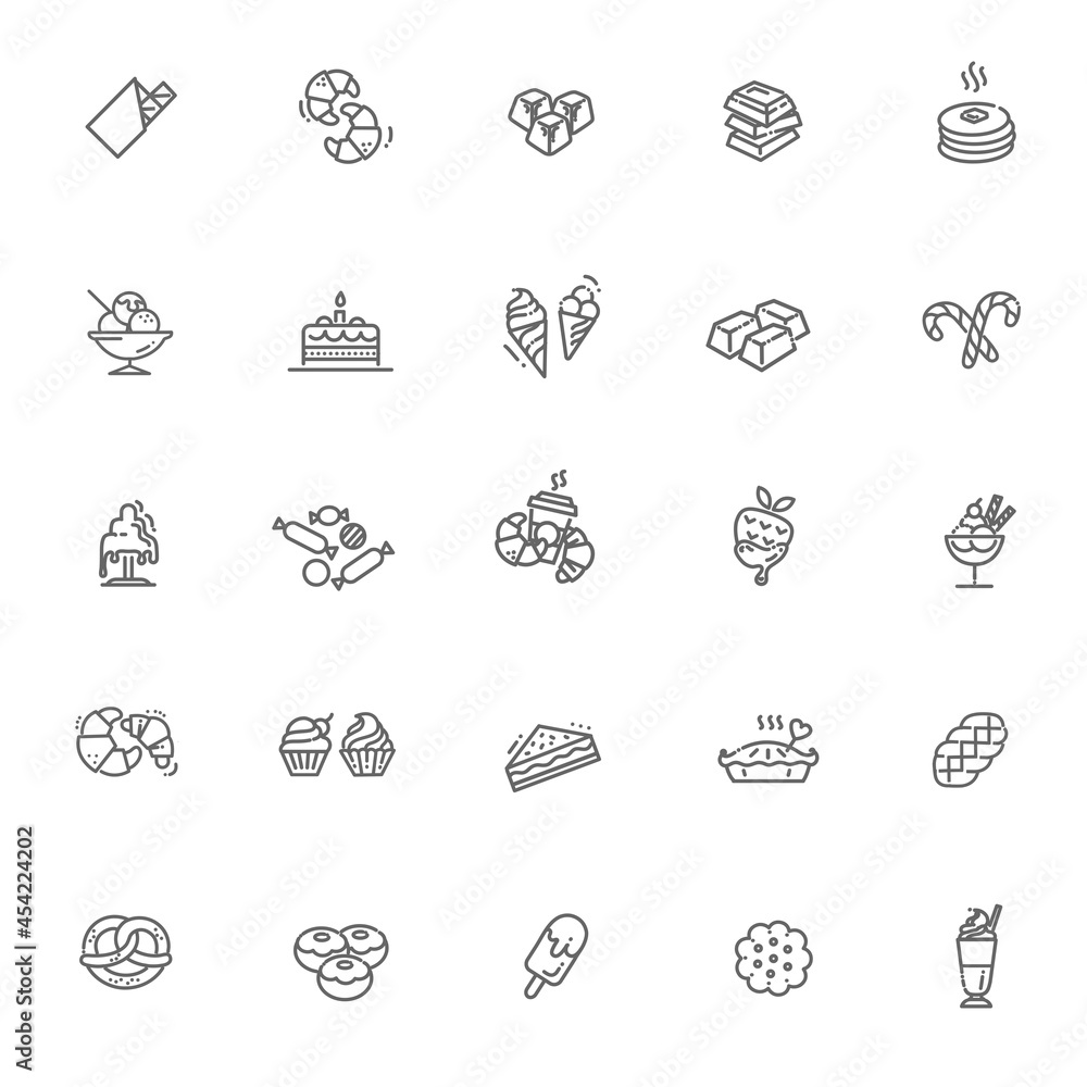 Set vector line icons in flat design chocolate, dessert and candy