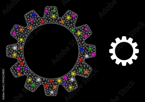 Glossy mesh cog constellation icon with light spots. Illuminated vector constellation based on cog glyph. Sparkle carcass mesh cog on a black background. Linear carcass flat mesh in vector format.