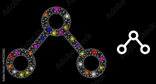 Glowing net connections glare icon with lightspots. Illuminated vector model based on connections icon. Sparkle carcass mesh connections on a black background. Linear carcass 2D mesh in vector format.
