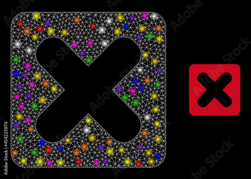 Glowing network close button constellation icon with light spots. Illuminated vector constellation based on close button glyph. Sparkle carcass mesh close button on a black background.