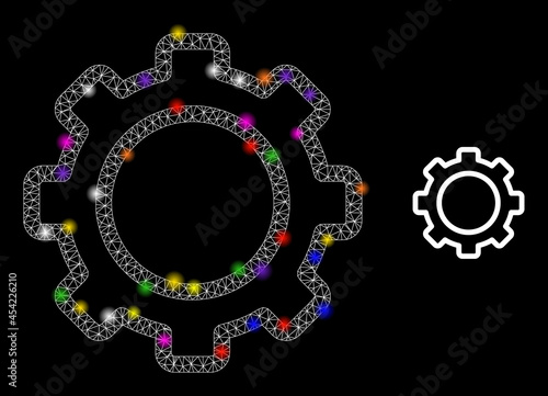 Glowing network contour gear constellation icon with lightspots. Illuminated vector model based on contour gear icon. Sparkle frame polygonal contour gear on a black background. photo