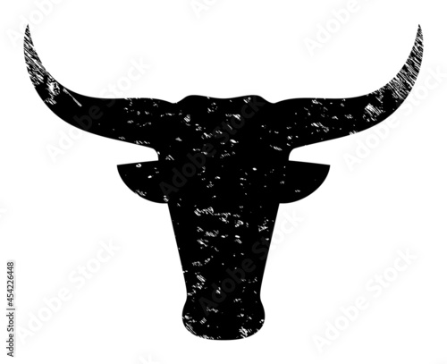Bull head icon with scratched effect. Isolated vector bull head icon image with grunge rubber texture on a white background.