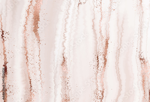 Artistic agate slice canvas abstract background with rose gold splash and glitter spray texture.