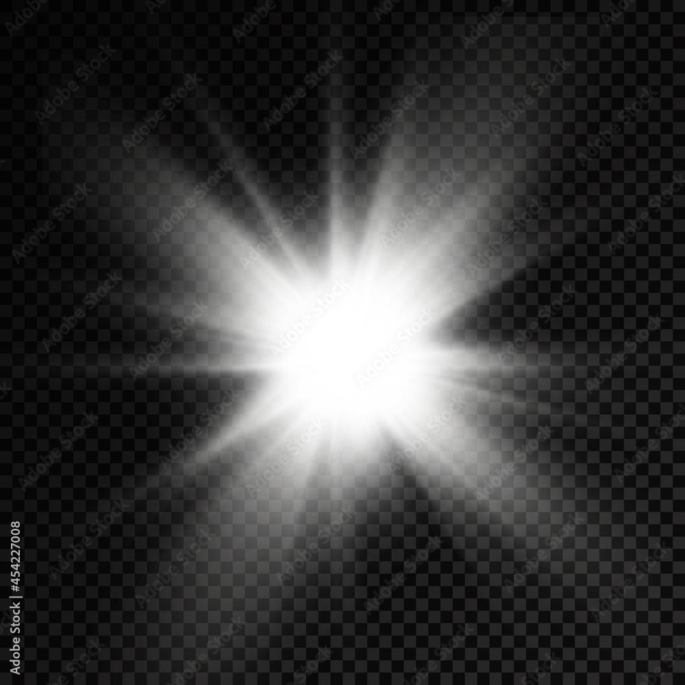 White glowing light star, burst sun rays.