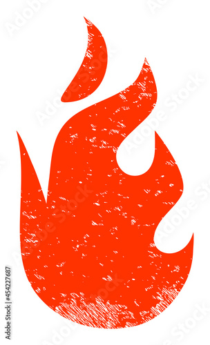 Fire flame icon with scratched style. Isolated vector fire flame symbol with scratched rubber texture on a white background.