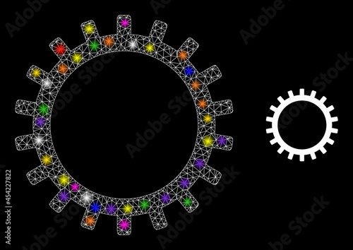 Glowing mesh gear constellation icon with light spots. Illuminated vector constellation based on gear glyph. Sparkle carcass mesh gear on a black background.